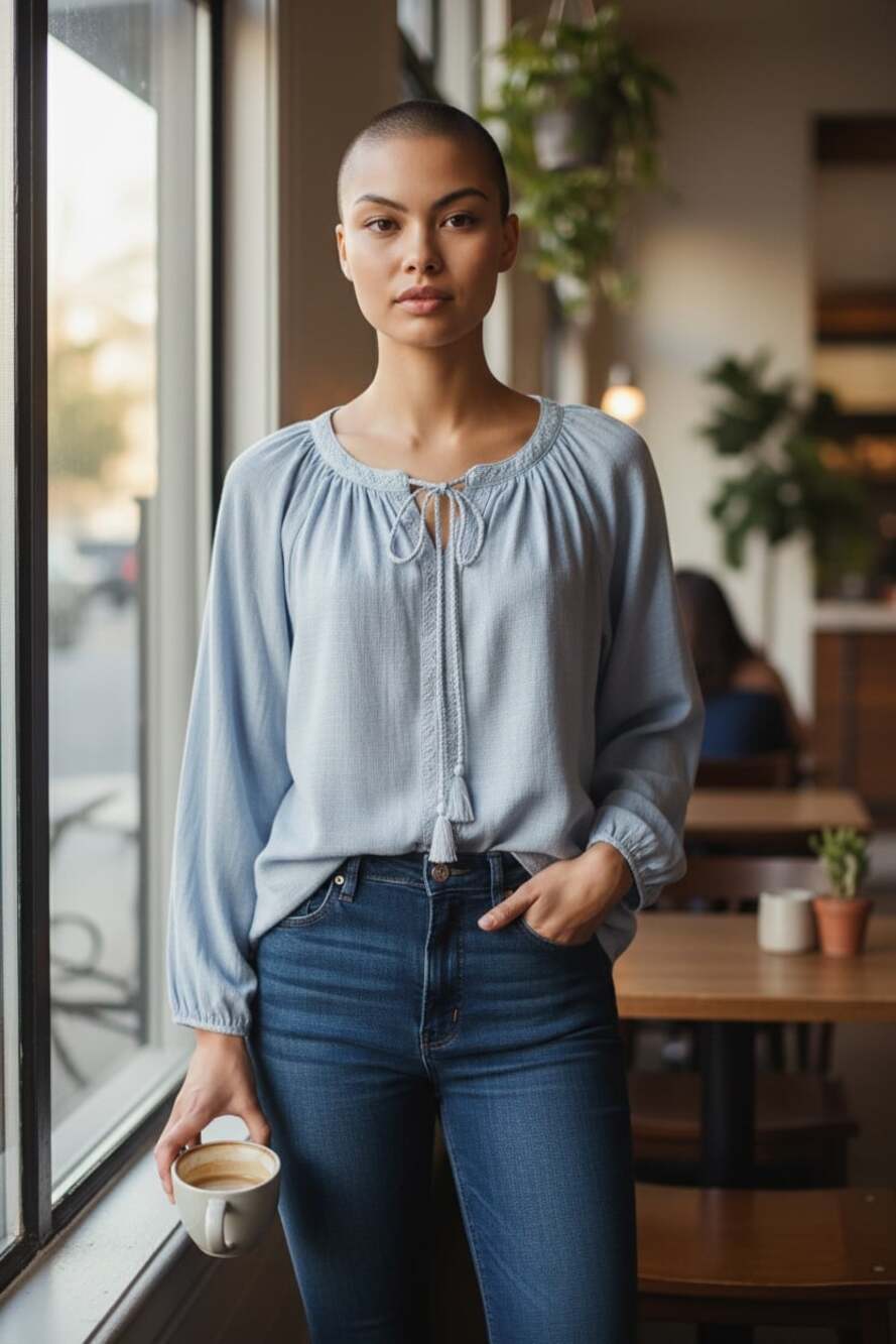 Cable & Gauge Gramercy Gauze Tie-Neck Tassel Top, Heather Blue, Size 1X NWT